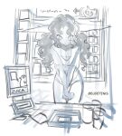  1girl artist_name breasts check_commentary cleavage clip_studio_paint_(medium) commentary_request convenience_store counter curtained_hair dragon_girl dragon_horns employee_uniform english_commentary eudetenis greyscale helles_(eudetenis) highres holding_own_hand horns long_hair looking_at_viewer mixed-language_commentary monochrome open_mouth original romaji_commentary shirt shop short_sleeves sketch solo standing v_arms wavy_hair 