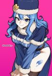  1girl absurdres artist_name blue_dress blue_eyes blue_hair blue_hat breasts closed_mouth commentary dress fairy_tail fairy_tail_logo hat highres juvia_lockser komatsuki_n leg_tattoo long_hair looking_at_viewer pink_background simple_background smile solo tattoo twitter_username 