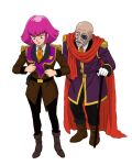  1boy 1girl alternate_universe artificial_eye bald black_pantyhose cosplay cyborg eyepatch fonse_kagatie formal_clothes fuala_griffon fuala_griffon_(cosplay) gimojji2571 gundam haman_karn highres in-franchise_crossover jacket looking_at_another military_jacket military_uniform old old_man pantyhose pink_hair science_fiction short_hair victory_gundam zanscare zeta_gundam 