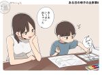  1boy 1girl ^^^ age_difference blue_shirt brown_background brown_eyes brown_hair ganaishoten mother_and_child mother_and_son open_mouth original paint paper parent_and_child sexually_suggestive shirt short_hair sitting sleeveless sleeveless_shirt t-shirt white_shirt 