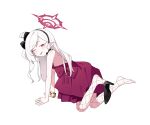  1girl adon_(dufaladanidu) all_fours bare_arms bare_shoulders black_hairband black_shoes blue_archive bracelet chinese_commentary cocktail_dress commentary_request dress fishnet_pantyhose fishnets from_side full_body hairband halo high_heels highres jewelry long_hair looking_at_viewer looking_back mutsuki_(blue_archive) mutsuki_(dress)_(blue_archive) one_eye_covered pantyhose red_dress red_eyes red_halo shoes side_ponytail simple_background solo tongue tongue_out white_background white_hair 