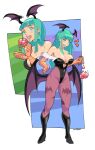  1girl animal_print artist_name bat_print bat_wings black_boots boots breasts cleavage commentary dairenke_art darkstalkers demon_girl dropped_food english_commentary food fur-trimmed_leotard fur_trim green_eyes green_hair head_wings highleg highleg_leotard highres ice_cream large_breasts leotard long_hair morrigan_aensland multiple_views off-shoulder_leotard pantyhose print_pantyhose purple_pantyhose purple_wings wings 