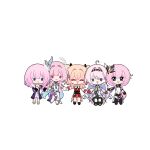  5girls black_shorts blue_eyes chibi chibi_only coat color_connection commentary company_connection cyrene_(demiurge)_(honkai:_star_rail) cyrene_(honkai:_star_rail) cyrene_(philia093)_(honkai:_star_rail) denia_(wuthering_waves) dress dual_persona elf elysia_(honkai_impact) elysia_(miss_pink_elf)_(honkai_impact) english_commentary genshin_impact hair_color_connection hair_ornament highres holding_hands honkai:_star_rail honkai_(series) honkai_impact_3rd inoue_marina linnea_(genshin_impact) linneadoodle long_hair medium_hair mihoyo multiple_girls pink_hair pointy_ears purple_coat purple_eyes shirt shorts smile very_long_hair voice_actor_connection white_dress white_shirt wuthering_waves yanning 