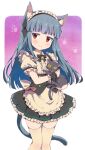  1girl animal animal_ear_fluff animal_ears apron back_bow bell black_bow black_bowtie black_cat black_corset black_skirt black_wrist_cuffs blue_hair blunt_bangs blush bow bowtie cat cat_ears cat_tail closed_mouth corset dot_nose dress_bow feet_out_of_frame footprints frilled_apron frilled_shirt frilled_skirt frills hair_bow holding holding_animal holding_cat idolmaster idolmaster_cinderella_girls jingle_bell long_hair looking_at_viewer maid maid_headdress michii_yuuki miniskirt neck_bell pink_bow purple_background red_eyes sajo_yukimi shirt short_sleeves skirt smile solo standing tail thighhighs waist_apron white_apron white_background white_bow white_shirt wrist_cuffs yellow_thighhighs zettai_ryouiki 