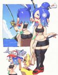  2girls ass bike_shorts blonde_hair blue_hair breasts butt_crack crop_top dark-skinned_female dark_skin earrings fish_hook_earrings fishing fishing_rod frye_(splatoon) frye_(splatoon_raiders) full_body hair_over_one_eye hat highres inkerton-kun inkling jewelry looking_at_viewer multiple_girls navel octoling open_mouth pointy_ears red_eyes red_sandals sandals sarashi sarong shiver_(splatoon) shiver_(splatoon_raiders) short_eyebrows shorts single_earring sitting smile splatoon_(series) splatoon_raiders tentacle_hair thighhighs tongue tongue_out topknot white_sarong wide_hips 