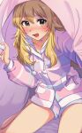  1girl absurdres blonde_hair blush commentary_request drawstring fluffy_sweet_(idolmaster) green_eyes highres hoshii_miki idolmaster idolmaster_(classic) idolmaster_million_live! idolmaster_million_live!_theater_days izu_(mikirdgn) long_hair long_sleeves looking_at_viewer official_alternate_costume open_mouth pajamas pink_pajamas sitting solo striped_clothes striped_pajamas under_covers 