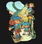  1girl 4boys aged_up ascot bag black_background black_jacket black_pants blue_sweater brown_shoes chobaba00 claire_(professor_layton_and_the_unwound_future) clock clock_tower commentary dimitri_allen falling_petals fedora flower future_luke gears hat hershel_layton highres jacket luke_triton multiple_boys newsboy_cap open_clothes open_jacket orange_shirt pants petals professor_layton professor_layton_and_the_unwound_future red_flower red_rose rose shirt shoes shorts shoulder_bag sweater top_hat tower vest waistcoat weeds 