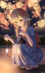  1girl absurdres ahoge alternate_costume artist_name blonde_hair blue_eyes blue_kimono blurry blurry_background blush bow braid breasts closed_mouth commentary depth_of_field elf english_commentary fireworks floral_print floral_print_kimono flower flower_ornament full_body hair_flower hair_ornament hair_over_shoulder highres holding holding_fireworks indie_virtual_youtuber japanese_clothes kimono kochang17 long_hair long_sleeves lyydia_(sunako) medium_breasts night obi outdoors pointy_ears print_kimono red_bow red_flower sandals sash senkou_hanabi signature sky smile solo sparkler tree twin_braids virtual_youtuber wide_sleeves yukata zouri 