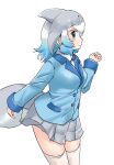  1girl alternate_costume blowhole blue_eyes blue_hair blue_jacket blue_necktie blush cetacean_tail collared_shirt commentary_request common_bottlenose_dolphin_(kemono_friends) cowboy_shot dolphin_girl dorsal_fin eyebrows_visible_through_hair grey_hair grey_skirt highres jacket kemono_friends long_sleeves looking_at_viewer multicolored_hair necktie pleated_skirt shirt short_hair skirt smile solo thighhighs uf34a white_hair white_legwear white_shirt zettai_ryouiki 