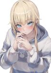  1girl absurdres aizawa_ema aizawa_ema_(4th_costume) blonde_hair blue_eyes blush closed_mouth collarbone commentary_request grey_hoodie hair_flaps highres hood hoodie long_hair looking_at_viewer sakahana striped_clothes striped_hoodie two-tone_hoodie virtual_youtuber vspo! white_background white_hoodie 