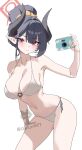  1girl absurdres armpits bare_arms bare_shoulders bikini black_hair blue_archive blush breasts camera chiaki_(blue_archive) chiaki_(swimsuit)_(blue_archive) cleavage closed_mouth commentary_request contrapposto cowboy_shot demon_horns hair_bun hair_ornament hair_scrunchie halo halterneck highres holding holding_camera horns korean_commentary large_breasts long_hair looking_at_viewer navel o-ring o-ring_bikini official_alternate_costume pointy_ears qwlwart red_eyes scrunchie side-tie_bikini_bottom sidelocks simple_background skindentation smile solo standing stomach string_bikini swimsuit thighs white_background white_bikini 