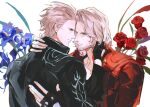  2boys blue_dress brothers commentary_request dante_(devil_may_cry) devil_may_cry_(series) dress face-to-face flower hand_on_another's_face hand_on_another's_neck highres hug incest jacket male_focus multiple_boys red_flower red_jacket red_rose rose showme_dv siblings twincest twins vergil_(devil_may_cry) white_hair 