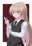  1girl adjusting_clothes adjusting_gloves black_necktie brown_eyes brown_hair butler collared_shirt commentary_request gloves highres long_hair looking_at_viewer necktie ponytail sena_ajisai shirt smile tuxedo vest waistcoat watashi_ga_koibito_ni_nareru_wake_naijan_murimuri! white_gloves white_shirt white_wrist_cuffs wrist_cuffs yumeizumi2 