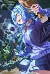  1boy 2girls alternate_costume animal_ears blue_hair blue_jacket blue_skirt braid bush chestnut_(zenless_zone_zero) cloud commentary_request cowboy_shot crossed_bangs earrings ethereal_(zenless_zone_zero) forest goat_ears goat_girl goat_horns goat_tail hair_between_eyes harukimatsui_25 hiding highres hollow_(zenless_zone_zero) horns jacket jewelry long_hair looking_back lucia_elowen multiple_girls nature necktie night open_clothes open_mouth outdoors pointy_ears purple_sweater_vest red_necktie skirt sweater_vest tail tree twin_braids wandering_hunter_(zenless_zone_zero) yellow_eyes zenless_zone_zero 