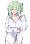  1girl absurdres arm_under_breasts blush breasts bright_pupils cleavage collared_shirt commentary_request cowboy_shot green_eyes green_hair grey_shorts hair_ornament hand_up highres korean_commentary large_breasts long_hair long_shirt long_sleeves looking_at_viewer maksagwa multicolored_eyes one_side_up open_mouth partially_unbuttoned pom_pom_(clothes) pom_pom_hair_ornament purple_eyes shirt short_shorts shorts simple_background smile solo standing stellive straight_hair two-tone_eyes virtual_youtuber white_background white_pupils white_shirt yuzuha_riko 