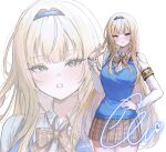  1girl :o armband blonde_hair blue_hairband blue_sweater_vest blush bow bowtie breasts brown_armband brown_bow brown_bowtie collared_shirt commentary commission cowboy_shot ella_7737 green_eyes grey_skirt hairband hand_on_own_hip hand_up highres long_hair long_sleeves miniskirt multiple_views original parted_lips plaid_bow plaid_bowtie plaid_clothes plaid_skirt pleated_skirt school_uniform shirt signature skirt solo straight_hair sweater_vest untranslatable_commentary very_long_hair white_background white_shirt 