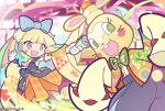  1girl 1other @_@ alternate_costume animal_ears balthasar_(puyopuyo) black_bow black_hakama blonde_hair blue_bow blue_hair bow buck_teeth commentary_request detached_sleeves egasumi facial_mark fang food food_on_head furry gloves green_eyes green_hair green_ribbon grey_eyes hair_bow hakama hakama_pants hakama_skirt hand_up holding holding_party_popper indoors japanese_clothes kagami_mochi kimono laun_(puyopuyo) layered_sleeves long_sleeves looking_at_viewer looking_back multicolored_hair neck_ribbon object_on_head official_style open_clothes open_mouth open_shirt orange_hakama orange_kimono orange_shirt orange_sleeves outstretched_arm pants party_popper pimyuhuwa print_bow puyopuyo puyopuyo_quest rabbit_ears red_hair ribbon sandals shirt short_over_long_sleeves short_sleeves skirt sleeveless sleeveless_kimono sleeves_past_fingers sleeves_past_wrists smile sparkle_print standing star-shaped_pupils star_(symbol) star_facial_mark streamers symbol-shaped_pupils teeth thighhighs twitter_username whiskers white_gloves white_thighhighs yellow_shirt zouri 