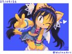  1girl alternate_costume angel_wings animal_ears animal_print bead_bracelet beads black_hair blue_background blue_skirt body_fur border bracelet brown_eyes cat_ears cat_girl cat_tail commentary crop_top cropped_jacket english_commentary furry furry_female gyaru hairband highres honey_the_cat jewelry leopard_print long_hair looking_at_viewer midriff miniskirt one_eye_closed pink_shirt shirt skirt smile solo sonic_(series) tail twintails v white_border wings wink_heart wolnoart yellow_fur 
