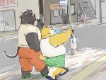  2022 anthro belly big_belly black_body bottomwear bovid bovine butt canid canine canis cattle clothing domestic_dog duo footwear hi_res humanoid_hands kemono male mammal outside overweight overweight_male pants pommn_mn sandals shirt shorts topwear walking 