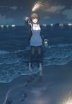  1girl absurdres barefoot beach beer_can black_hair black_jacket black_leggings brown_eyes can chang_chin-lan commentary_request drawstring drink_can fireworks footprints highres holding holding_can holding_fireworks hood hoodie horizon jacket kamiina_botan_yoeru_sugata_wa_yuri_no_hana leggings night ocean open_mouth outdoors short_hair smile solo sparkler toes tsunenorip white_hoodie 