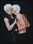 2boys black_background brothers commentary dante_(devil_may_cry) devil_may_cry_(series) english_commentary hand_on_another's_chest hand_on_another's_shoulder highres incest kiss licking licking_another's_cheek licking_another's_face male_focus multiple_boys no_shirt siblings storytellering twincest twins vergil_(devil_may_cry) white_hair yaoi 