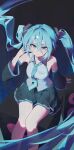  1girl absurdly_long_hair absurdres aqua_eyes aqua_hair aqua_necktie bare_shoulders black_skirt commentary detached_sleeves grey_shirt hair_between_eyes hatsune_miku highres long_hair looking_at_viewer necktie pleated_skirt purplerele shirt sitting skirt sleeveless sleeveless_shirt solo speaker twintails very_long_hair vocaloid 