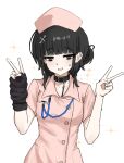  1girl absurdres arm_warmers astrae_oratio bags_under_eyes black_arm_warmers black_collar black_hair blunt_bangs bone_hair_ornament collar collared_dress commentary double_v downerthemaid dress grey_eyes haibara_nono hair_ornament hat highres leash looking_at_viewer medium_hair nervous_smile nurse nurse_cap pink_dress short_sleeves simple_background single_arm_warmer smile solo sparkle sparkling_aura sweatdrop untranslatable_commentary upper_body v white_background 
