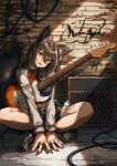  159cm 1girl amplifier animal_ear_piercing animal_ears black_boots black_hair black_nails black_shorts blush boots brick_wall cable commentary_request commission cutoffs electric_guitar fang full_body graffiti guitar hair_between_eyes hair_ornament hairclip head_tilt holding holding_guitar holding_instrument indian_style instrument jewelry long_hair long_sleeves multicolored_nails multiple_rings nail_polish navel on_floor open_mouth original parallel_hairclips platform_boots red_eyes red_nails ring shorts sitting skeb_commission skin_fang smile solo tail tile_floor tiles two-tone_nails wallet_chain wolf_ears wolf_girl wolf_tail 