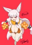  1girl animal_ear_fluff animal_ears animal_hands bangs bikini blunt_bangs blush breasts character_request claws cleavage commentary_request copyright_request covered_nipples dot_nose eyebrows_visible_through_hair fan_no_hitori fang foot_out_of_frame gloves heart highres huge_breasts leaning_forward long_hair looking_at_viewer low-tied_long_hair neck_ruff open_mouth orange_bikini orange_gloves paw_gloves red_background red_eyes simple_background skin_fang slit_pupils solo speech_bubble standing standing_on_one_leg swimsuit tail thick_eyebrows thighhighs tsurime white_hair white_legwear 