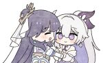  2girls blue_eyes blush chibi chibi_only colored_inner_hair commentary detached_collar dress earrings english_commentary fu_pineapple hair_between_eyes hair_bun high_ponytail holding_hands honkai_(series) honkai_impact_3rd jewelry kiana_kaslana kiana_kaslana_(apho) kiana_kaslana_(herrscher_of_finality) looking_at_another multicolored_hair multiple_girls ponytail purple_hair raiden_mei raiden_mei_(xentinel:_dawnbearing_crescent) simple_background smile sparkling_eyes streaked_hair symbol-shaped_pupils veil white_background white_dress white_hair white_veil yuri 