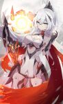  1girl absurdres armor bangs bare_shoulders blue_eyes breasts cape cleavage closed_mouth earrings gauntlets highres holding holding_sword holding_weapon honkai_(series) honkai_impact_3rd jewelry kiana_kaslana kiana_kaslana_(herrscher_of_flamescion) looking_at_viewer namishiron ponytail red_cape solo sword weapon white_hair 