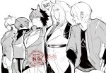  5boys animal_ears ascor bara cat_ears closed_mouth coat collar commentary_request english_text furry furry_male greyscale hands_on_own_hips highres jacket jewelry kittycatkissu komano_manato lighter_(zenless_zone_zero) looking_at_another looking_to_the_side male_focus monochrome multicolored_hair multiple_boys muscular muscular_male necklace necktie onisotohukuuti pectorals scar scar_across_eye scar_on_face scarf severian_lowell speech_bubble sunglasses vest von_lycaon wise_(zenless_zone_zero) wolf_boy wolf_ears zenless_zone_zero 
