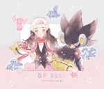  1girl anniversary bag beak bird black_fur black_hair black_shirt blue_eyes blue_fur bracelet colored_sclera dawn_(pokemon) dialga duffel_bag empoleon floating_scarf garchomp hair_ornament hairclip hat holding holding_bag holding_pokedex jewelry long_hair luxray penguin pink_skirt poke_ball_print poke_ball_symbol pokedex pokemon pokemon_(creature) pokemon_diamond/pearl/platinum pokemon_ribbon poketch red_scarf red_sclera roserade ryokuno_green scarf shirt skirt sleeveless sleeveless_shirt smile staraptor tail talons two-tone_fur watch white_hat white_shirt wristwatch yellow_bag yellow_eyes yellow_pupils 