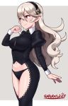  1girl absurdres artist_name black_panties blonde_hair chaps collar corrin_(fire_emblem) corrin_(fire_emblem)_(female) cropped_legs english_commentary fire_emblem fire_emblem_fates hairband highres long_hair midriff navel paid_reward_available panties pointy_ears puffy_sleeves red_eyes sarukaiwolf smile solo standing thighs underwear wrist_cuffs 