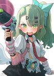  1girl absurdres angels_of_delusion animal_ear_hairband animal_ears aqua_streaks arm_warmers asanagi_asu asymmetrical_bangs bag bandaid bandaid_hair_ornament blush breasts cat_ear_hairband cat_ears commentary_request earrings fake_animal_ears fur-trimmed_skirt fur_trim green_eyes green_hair hair_ornament hairband hairclip heart highres jewelry leg_warmers looking_at_viewer multicolored_hair multiple_hairclips musical_note_earrings necktie open_mouth pink_arm_warmers pink_bag pink_leg_warmers red_necktie shirt skirt solo streaked_hair striped_arm_warmers striped_leg_warmers sunna_(zenless_zone_zero) two-tone_leg_warmers white_shirt white_wings winged_bag wings zenless_zone_zero 