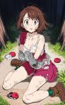  1girl bare_shoulders blush boots bra breasts breath brown_boots brown_eyes brown_hair bruise bruise_on_arm bruise_on_chest bruise_on_face bruise_on_leg cable_knit cardigan cleavage cold collarbone collared_shirt commentary_request covering_breasts covering_privates crying crying_with_eyes_open defeat empty_eyes from_above gloria_(pokemon) green_socks grey_cardigan highres hood hooded_cardigan injury long_sleeves looking_at_viewer messy_hair open_mouth outdoors panties plaid_clothes plaid_socks poke_ball pokemon pokemon_sword_and_shield red_shirt red_skirt scared shirt short_hair sitting skirt small_breasts socks solo sweat tears torn_cardigan torn_clothes torn_shirt torn_skirt tree tsukishiro_saika underwear wariza white_bra white_panties 