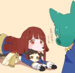  animal animal_focus animal_with_hair animalization brown_background brown_hair cat clothed_animal commentary_request dog etoile_brilliant_(idolmaster) green_hair highres hutaba idolmaster idolmaster_million_live! idolmaster_million_live!_theater_days kitazawa_shiho long_hair no_humans red_eyes red_hair simple_background tanaka_kotoha tokugawa_matsuri tongue translation_request yellow_eyes 