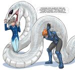  1boy 1girl 1other blue_bodysuit blue_eyes blue_pantyhose blue_suit bodysuit commentary_request flick-the-thief full_body monster_tongue no_mask orange_hair original pants pantyhose rkn-chan roskomnadzor russian_commentary russian_text scales short_hair simple_background snake speech_bubble standing stormtrooper_rx-78 suit tail tongue translation_request white_background white_hair 