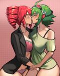  2girls absurdres asymmetrical_docking black_shirt blush bra breast_press breasts closed_eyes collared_shirt commentary drill_hair english_commentary fingering goggles goggles_on_head green_eyes green_hair green_shirt gumi highres kasane_teto kiss kyuunsai large_breasts multiple_girls panties pink_background pink_bra pink_panties red_hair shirt twin_drills underwear utau vocaloid yuri 