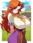  1girl absurdres alternate_breast_size_(larger) blue_eyes bowser_logo breasts brooch commentary dress english_commentary epona grass highres horse hylian_(ocarina_of_time) in-universe_location jewelry large_breasts lon_lon_milk looking_at_viewer malon mountain pointy_ears ranch red_hair scrimblocrimbo short_sleeves solo the_legend_of_zelda the_legend_of_zelda:_ocarina_of_time 