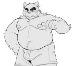  2022 anthro belly big_belly bottomwear bulge clothing hi_res humanoid_hands kemono male mammal monochrome moobs navel nipples overweight overweight_male shorts simple_background solo ursid white_background whitebeast20 