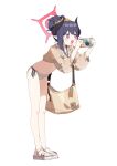  +_+ 1girl absurdres adon_(dufaladanidu) bag bikini black_horns blue_archive blush_stickers brown_shrug camera chiaki_(blue_archive) chiaki_(swimsuit)_(blue_archive) commentary curved_horns fishnet_shrug full_body halo highres holding holding_camera horns official_alternate_costume official_alternate_hairstyle pointy_ears purple_hair red_halo sandals scrunchie see-through_clothes see-through_shrug shoulder_bag shrug_(clothing) side-tie_bikini_bottom simple_background solo standing swimsuit taking_picture untranslatable_commentary white_background white_bikini yellow_scrunchie 