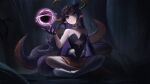  1girl :3 absurdres artistic_error black_dress black_eyes black_gloves choker clothing_cutout commentary dark_background dress elbow_gloves flat_chest fur-trimmed_choker fur_trim gloves halo highres hololive hololive_english indian_style long_hair low_wings magic ninomae_ina'nis ninomae_ina'nis_(1st_costume) no_mole pointy_ears purple_hair single_elbow_glove single_glove single_thighhigh sitting sleeveless sleeveless_dress solo strapless strapless_dress tentacle_hair tentacles thighhighs underboob_cutout very_long_hair virtual_youtuber vyva white_gloves white_thighhighs wings 