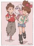  1boy 1girl :d amano_keita artist_name backpack bag belt blue_shorts blush boots border bow brown_belt brown_eyes brown_hair buttons cardigan cargo_pants closed_eyes closed_mouth commentary_request copyright_name facing_another facing_to_the_side floating_hair full_body ghost grey_leg_warmers grey_pants grey_shoes hair_bow highres holding_strap in_bag in_container kodama_fumika leg_warmers long_hair long_sleeves looking_at_another multicolored_boots open_mouth outside_border pants pants_tucked_in pink_background pink_bag pink_bow ponytail print_shirt red_shirt sekihan shirt shirt_tucked_in shoes short_hair short_sleeves shorts simple_background smile standing standing_on_one_leg star_(symbol) star_print turning_head v-shaped_eyebrows walking watermark whisper_(youkai_watch) white_border yellow_cardigan youkai_(youkai_watch) youkai_watch 