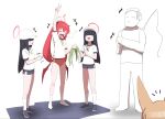  1boy 4girls absurdres animal_ears baseball_cap black_hair black_shoes black_shorts blonde_hair blue_archive blunt_bangs breasts chinese_commentary closed_eyes commentary_request covered_eyes doodle_sensei_(blue_archive) food fox_ears full_body halo happy hat highres jinrou_mangfu junko_(blue_archive) justice_task_force_(blue_archive) justice_task_force_member_(blue_archive) long_hair low_twintails medal multiple_girls open_mouth red_hair red_halo red_wings rumi_(blue_archive) sensei_(blue_archive) shirt shoes shorts simple_background small_breasts socks solo_focus standing twintails v white_background white_hat white_shirt white_shoes white_socks wings zongzi 