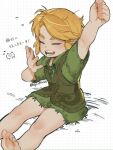  1boy arm_above_head artist_name barefoot blonde_hair clenched_hand closed_eyes collared_tunic commentary_request foot_out_of_frame green_tunic grid_background hand_up highres ivy_(sena0119) link loose_hair_strand male_focus messy_hair open_mouth parted_hair short_hair short_sleeves sidelocks sitting solo squeans the_legend_of_zelda the_legend_of_zelda:_ocarina_of_time the_legend_of_zelda:_ocarina_of_time_(remake) thick_eyebrows translation_request tunic twitter_username waking_up white_background yawning young_link 