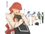  2boys 5girls absurdres akizuki_luca anger_vein belt black_eyes black_pants black_sailor_collar black_shirt blonde_hair blue_belt blue_hair blush chinese_text closed_eyes commentary_request dress fafayu grace_(sayonara_lara) green_dress highres hug kota_(sayonara_lara) lara_(sayonara_lara) lisa_(sayonara_lara) long_hair mask mother_and_child mother_and_daughter mouth_mask multiple_boys multiple_girls ootsu_mari pants parent_and_child red_belt red_hair rigmor sailor_collar sayonara_lara shirt siblings simple_background sisters stepped_on stitched_tongue sweatdrop translation_request white_background white_dress yuri 