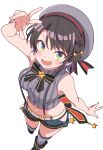  1girl :d absurdres arm_up back_bow bare_arms beret black_boots black_bow black_bowtie black_hair black_panties blue_eyes blue_shorts boots bow bowtie breasts brooch clothing_cutout commentary_request cropped_shirt grey_hat grey_shirt grey_thighhighs hat highres hip_vent hololive irodori_drawpic jewelry lace-trimmed_panties lace_trim looking_at_viewer medium_breasts midriff multicolored_eyes navel official_alternate_costume oozora_subaru oozora_subaru_(suspenders) open_mouth panties panty_peek pinstripe_pattern pinstripe_shirt shirt short_hair short_shorts shorts simple_background sleeveless sleeveless_shirt smile solo star_brooch striped_clothes striped_shirt suspender_shorts suspenders swept_bangs thighhighs underwear vertical-striped_clothes vertical-striped_shirt virtual_youtuber w white_background yellow_eyes 