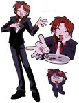  1boy black_jacket black_pants blazer chibi chibi_inset closed_eyes collared_shirt dated full_body gloom_(expression) highres ichijou_seiya jacket long_hair long_sleeves male_focus multiple_views necktie open_mouth pachinko_ball pants red_hair red_shirt shirt simple_background smile standing suit tobaku_mokushiroku_kaiji uotsu_(sabakou) white_background white_necktie 