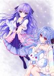  2girls 9-nine- :3 absurdres arm_at_side black_bow black_pantyhose black_ribbon black_shoes blue_butterfly blue_dress blue_eyes blue_hair bow braid bug butterfly butterfly_hair_ornament casual closed_mouth collarbone colored_eyelashes commentary cosplay creator_connection crossed_bangs crown_braid dress eyelashes eyes_visible_through_hair feet_out_of_frame floating_hair fluffy_clothes fox frilled_pajamas frilled_sleeves frills full_body gensou_roukaku glowing_butterfly grey_background hair_between_eyes hair_bow hair_ornament hair_ribbon highres holding_own_dress hood hood_down hooded_jacket inari_(summer_pockets) jacket kousaka_haruka kousaka_haruka_(cosplay) light_particles long_hair long_sleeves looking_at_animal mary_janes multicolored_dress multiple_girls niimi_sora niimi_sora_(cosplay) outstretched_arm outstretched_hand pajamas pantyhose petticoat pink_dress pink_eyes pleated_dress purple_dress purple_hair red_eyes red_ribbon ribbon shoes siblings sidelocks simple_background sisters sitting smile sophitia sophitia_(cosplay) sorakado_ai sorakado_ao standing striped_clothes striped_jacket summer_pockets twins very_long_hair wide_sleeves zipper 